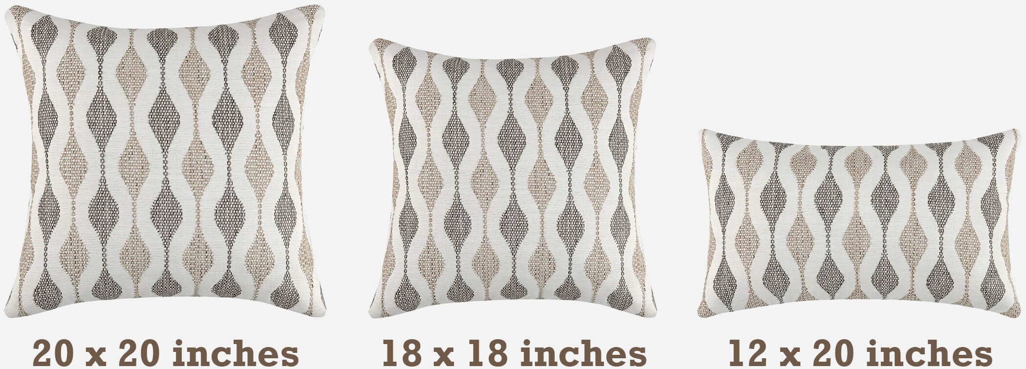 Different sizes of the Modern Boyega Pillow: 20x20 inches, 18x18 inches, and 12x20 inches, all with geometric patterns.