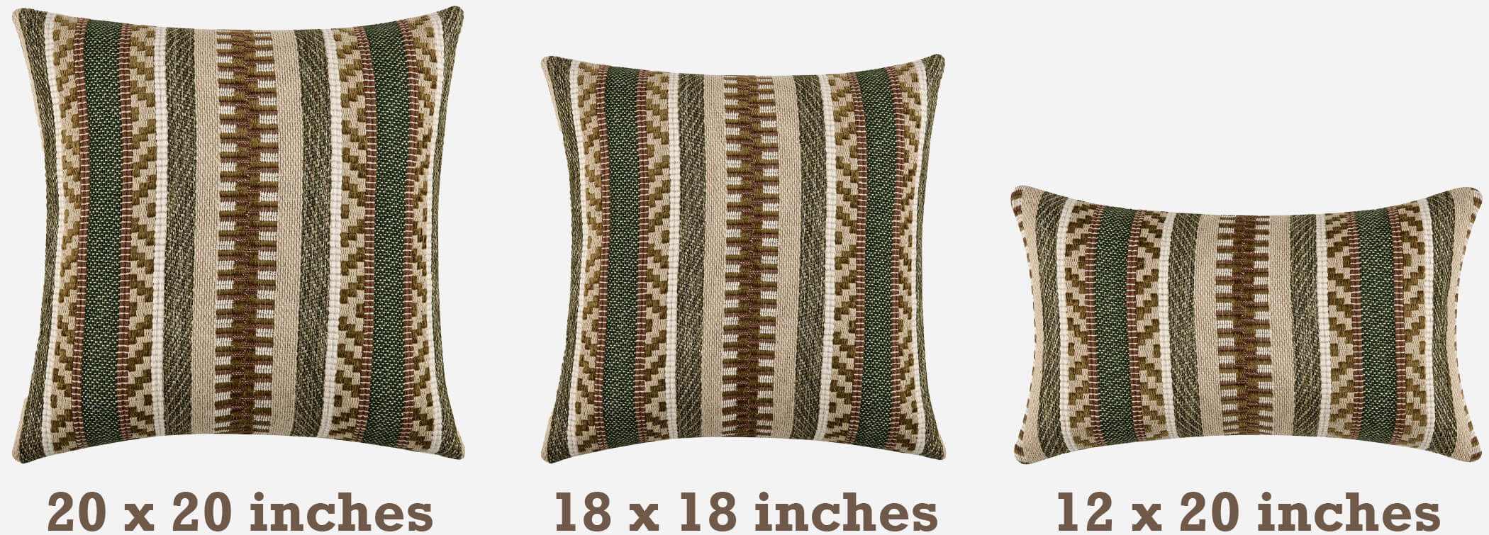 Luxurious Waterman Pillow available in three sizes: 20 x 20 inches, 18 x 18 inches, and 12 x 20 inches. This image displays all three sizes, perfect for choosing the right fit for your home decor needs.