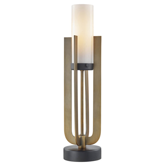 Elegant Jensine Accent Lamp featuring a bronze frame with a vertical design, illuminated soft white cylindrical shade.