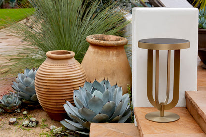 Unique Small Furniture-Felix Side Table-Wood top in black finish Metal edge flush to the top Metal plate base in satin bright brass- Imported- Outdoor and Indoor