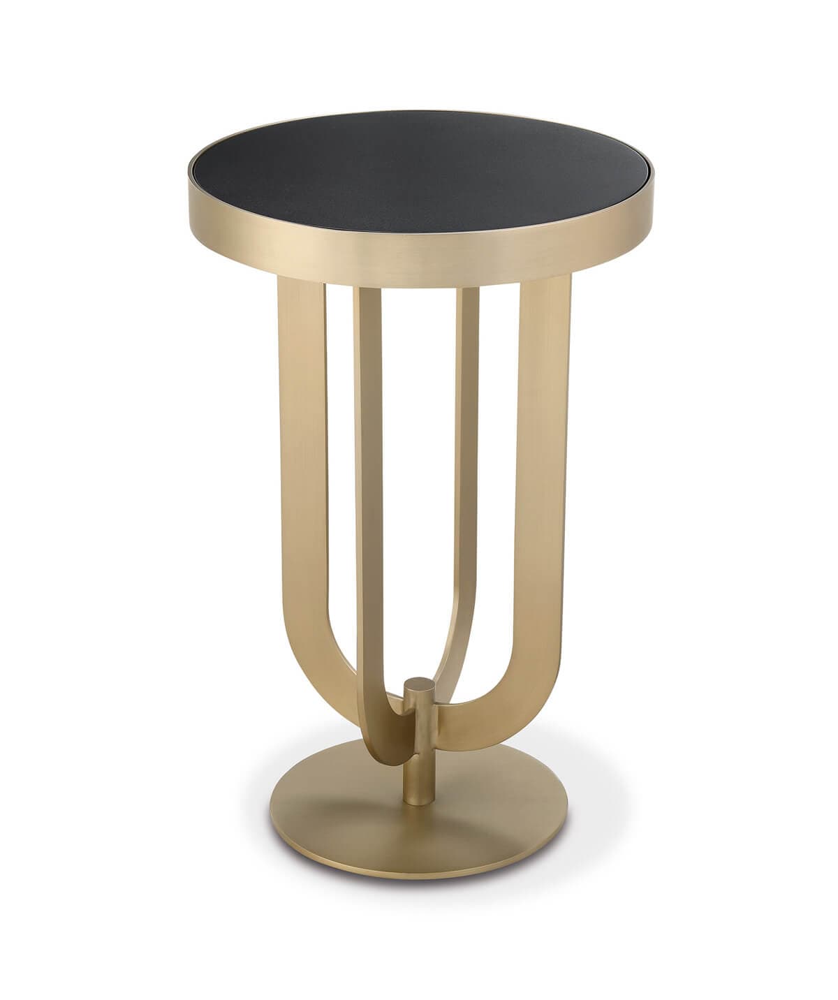 Unique Small Furniture-Felix Side Table-Wood top in black finish Metal edge flush to the top Metal plate base in satin bright brass- Imported- Outdoor and Indoor