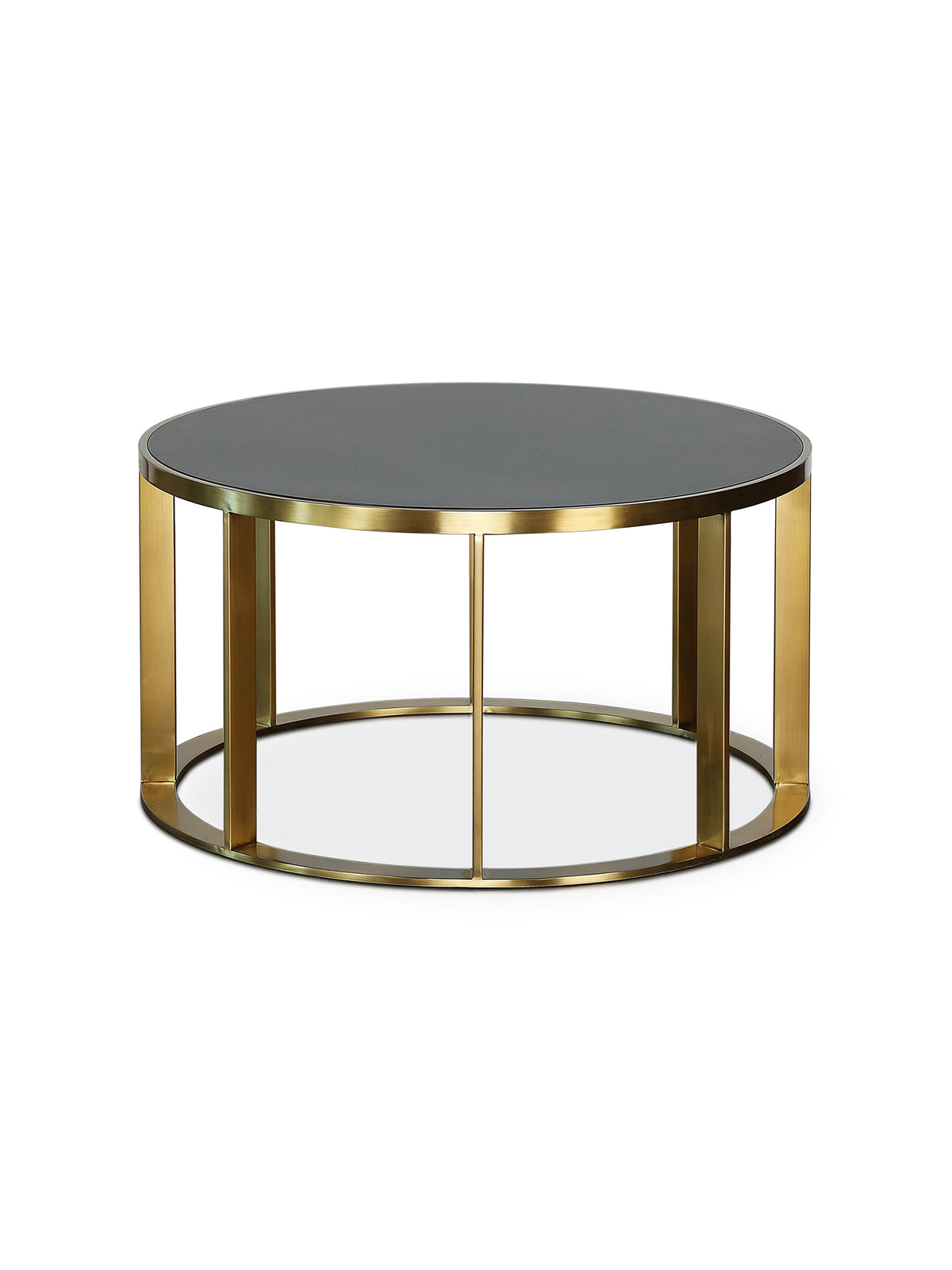 Round Black Wood Top with brass legs in a circular manner. Luxury Coffee Table Furniture