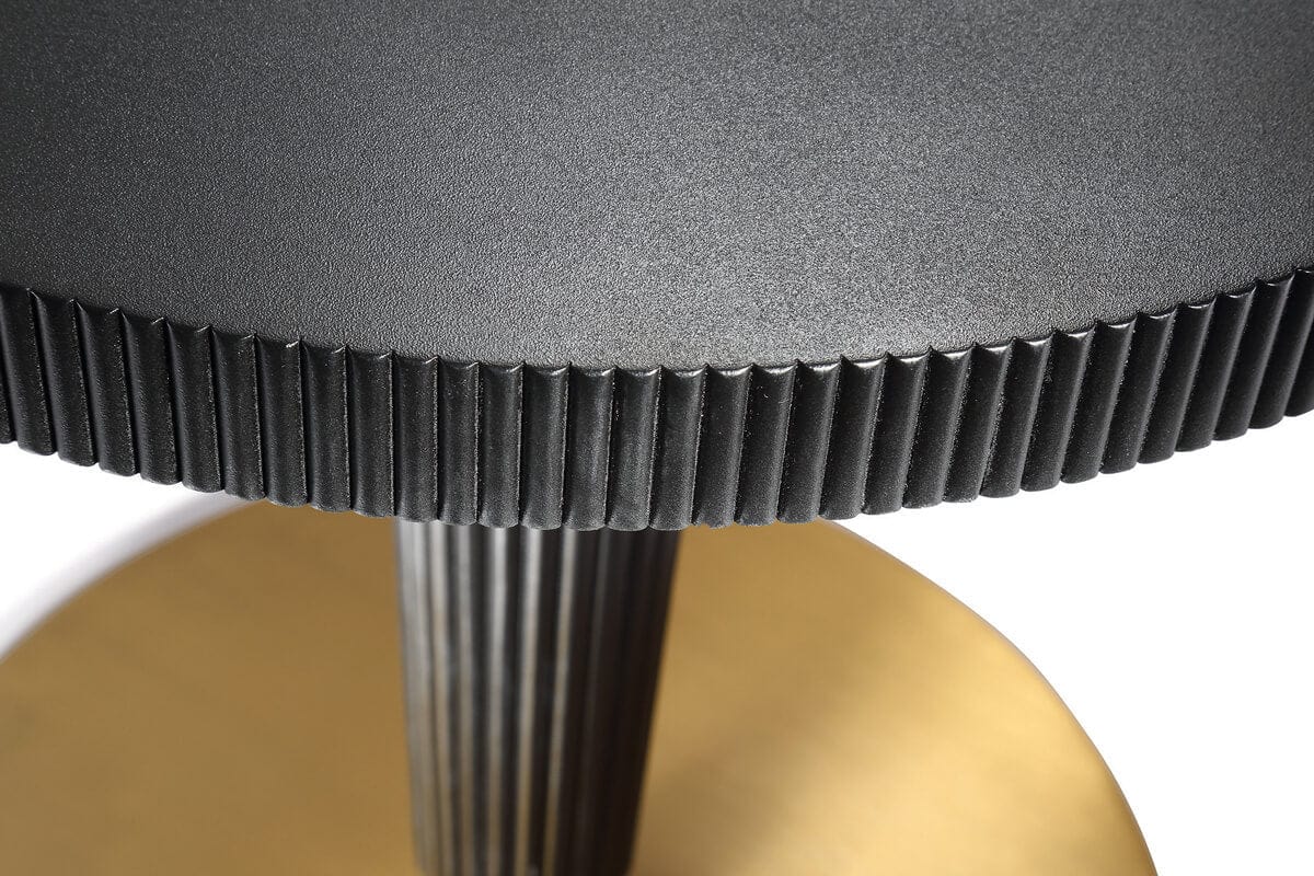 Ridges on Round Top and center conical column-Black Wood Lacquer -Stainless steel brass finish base- Imported - Side Table Furniture- Debby Living Room Side Table