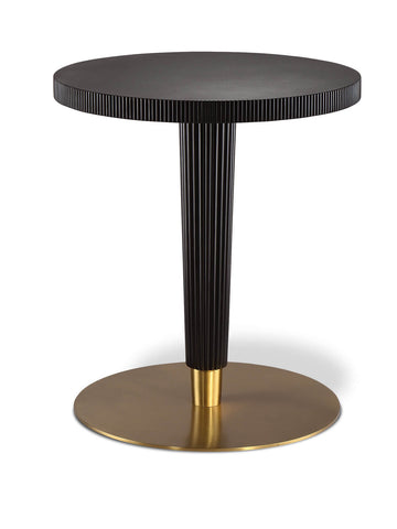 Ridges on Round Top and center conical column-Black Wood Lacquer -Stainless steel brass finish base- Imported - Side Table Furniture- Debby Living Room Side Table